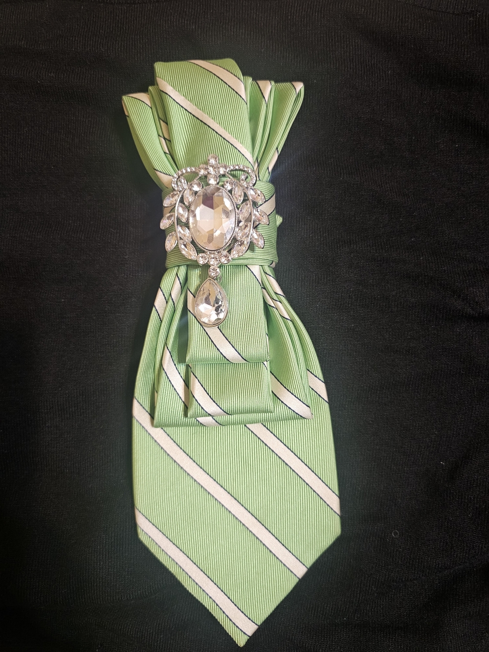 Elegant Green Striped Bow Tie with Crystal Brooch